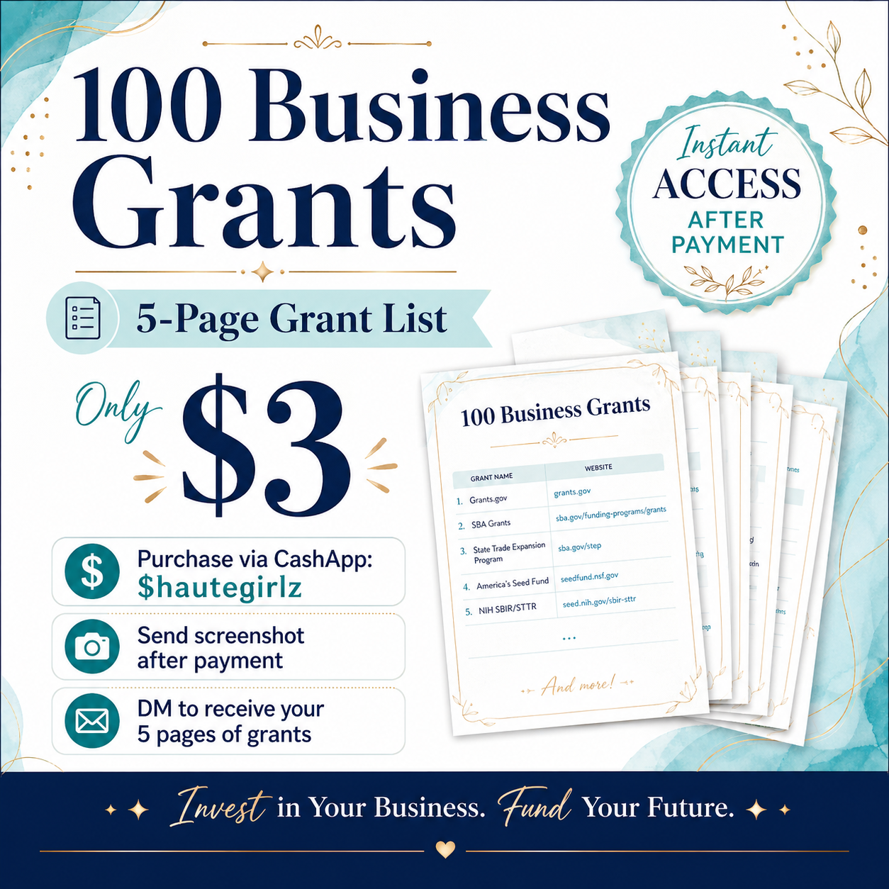 100 Business Grants List – 5-Page Digital Download